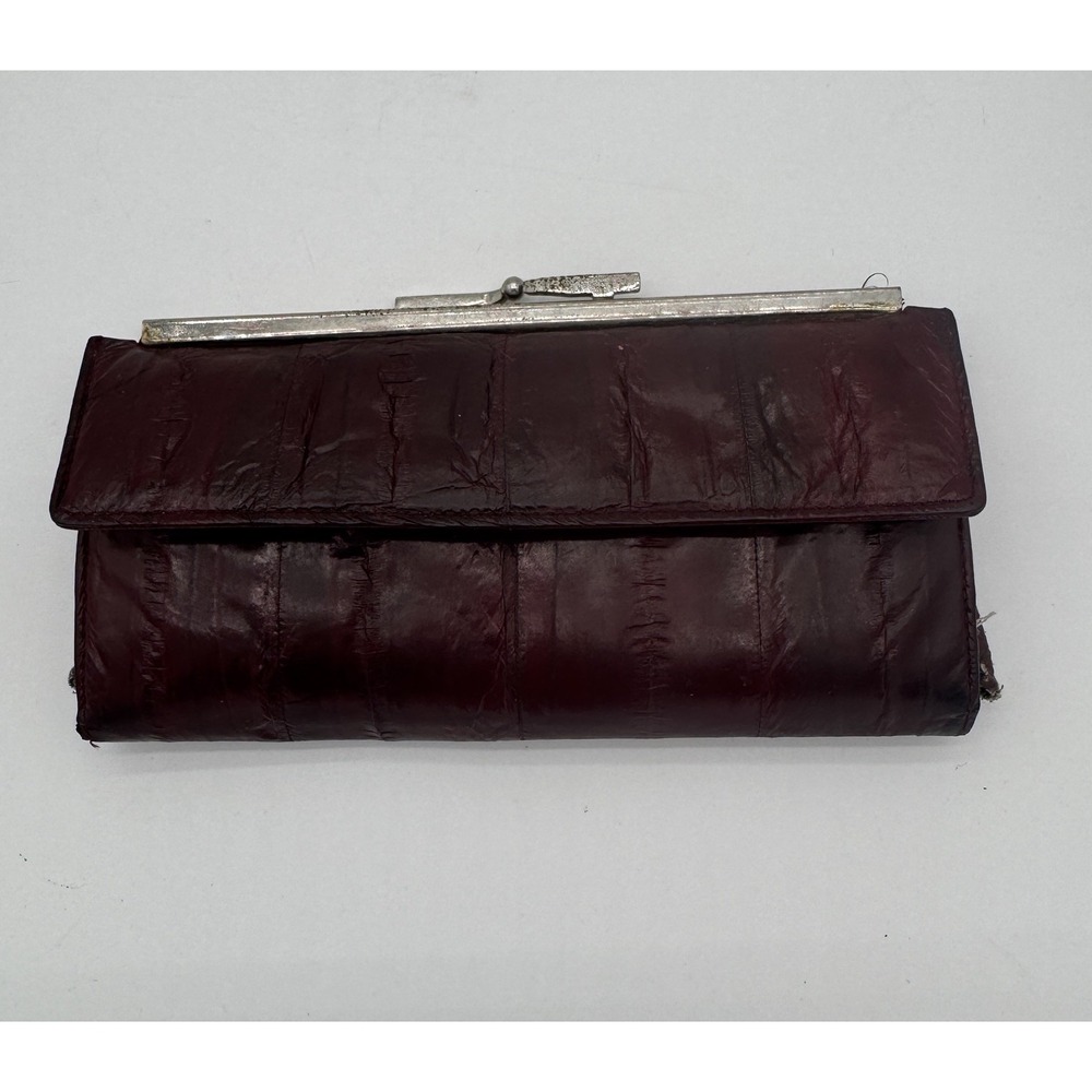Vintage Maroon Genuine  Eel Skin Clutch Wallet Kiss Lock‎ Frame Retro Boho